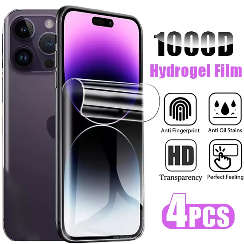 Protecteur d'écran pour iPhone, film hydrogel, couverture complète, pas de verre, iPhone 11 12 13Mini 14 15 16 Pro Max, iPhone 14 8 7 Plus SE 2020, 4 pièces 1