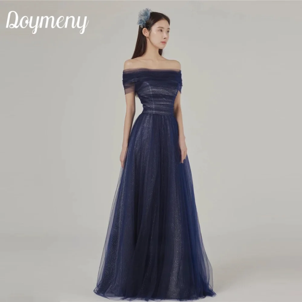 

Тёмно-синие блестящие вечерние платья Doymeny с открытыми плечами для свадебной фотосессии со шнуровкой сзади трапециевидной формы с открытой спиной для выпускного вечера длиной в Пол