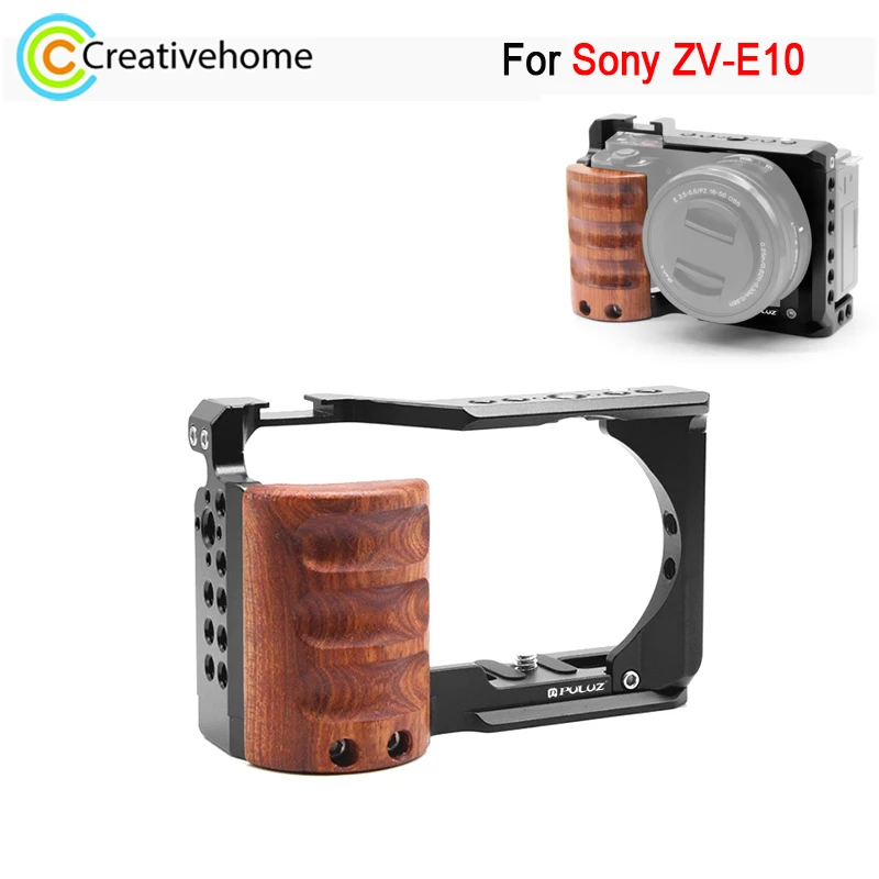 

Клетка PULUZ для видеокамеры Sony ZV-E10, металлический стабилизатор с деревянной ручкой, клетка с отверстиями для винтов 1/4 и 3/8 дюйма
