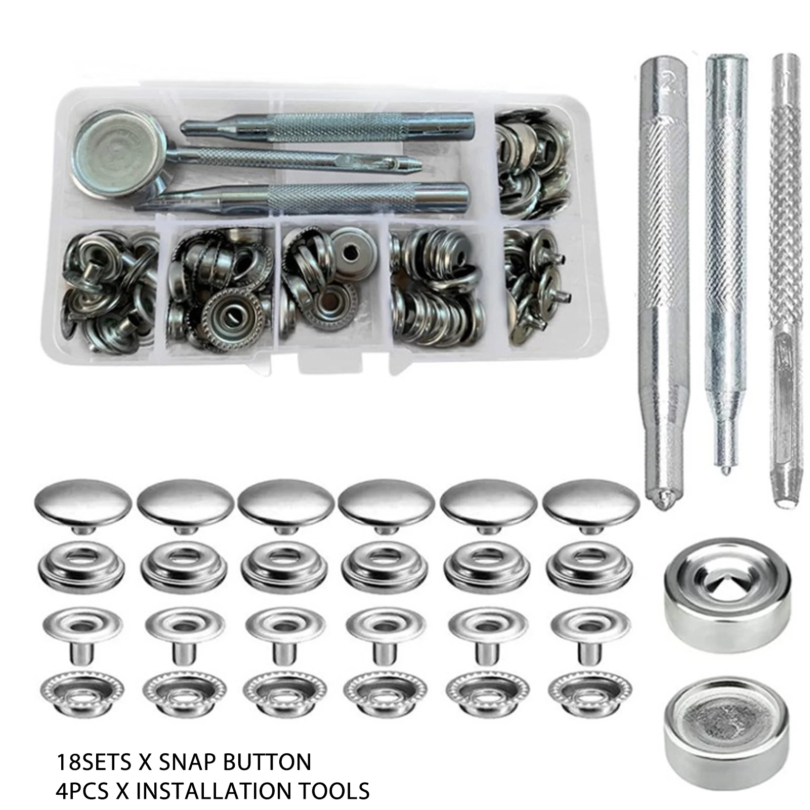 18sets Heavy Duty DIY Canvas Bag Snap Button Kit With 4 Tools Belt Repair Stainless Steel Fastener Press Stud For Leather Jeans
18sets Heavy Duty DIY Canvas Bag Snap Button Kit With 4 Tools Belt Repair Stainless Steel Fastener Press Stud For Leather Jeans