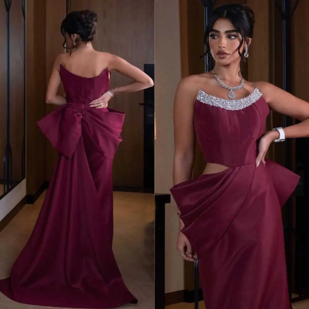 Temperament Satin Sheath Evening Dress Strapless Hollow Bow Draped Party Gown Crystal Backless Dubai Women Fashion Prom Dresses
Temperament Satin Sheath Evening Dress Strapless Hollow Bow Draped Party Gown Crystal Backless Dubai Women Fashion Prom Dresses