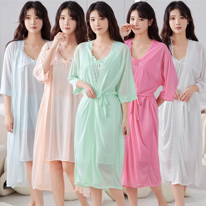 

2PCS Sexy Lace Lingerie Silk Satin Nightgowns Robes Sets for Women 2024 Summer Sleepwear Bathrobes Nightdress Night Dress Nighty