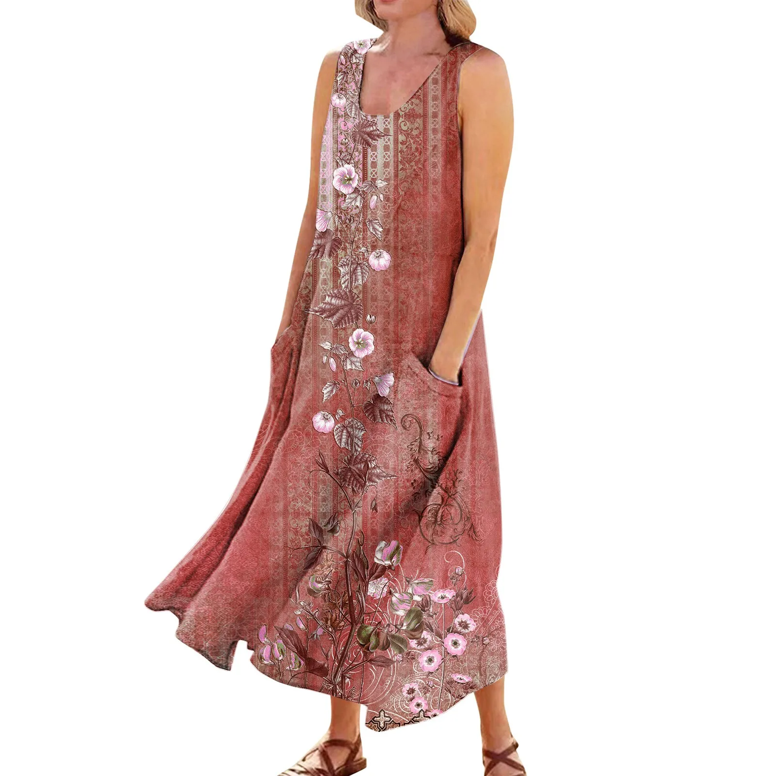 

Women'S Dresses Elegant Summer Casual Fashion Printed Sleeveless Round Neck Pocket Dress Vestidos De Verano Para Mujer 2024