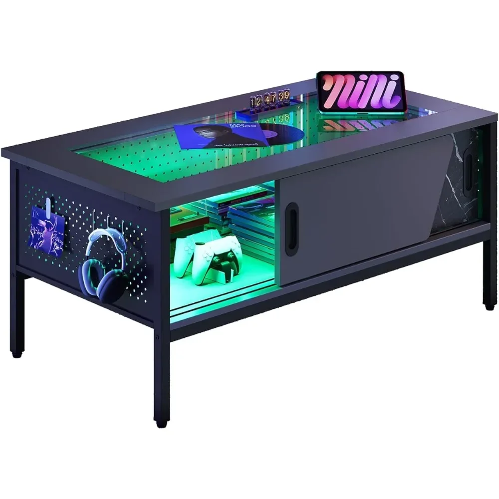 

42 Inch LED Coffee Table with Storage Glass Coffee Tables for Living Room with Sliding Doors, Black Living Room Center Table