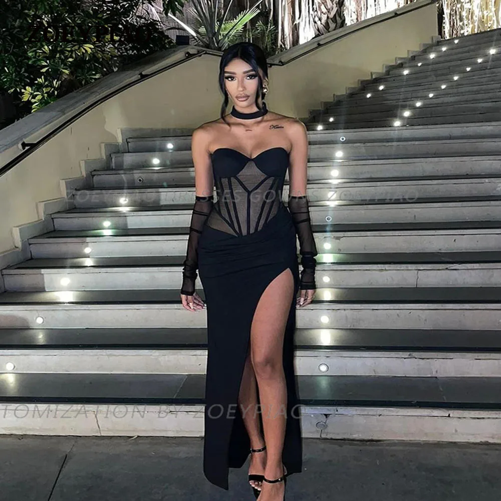 

Black Satin Side Slit Beach Prom Dresses Sweetheart Full Sleeves Cocktail Formal Event Evening Dress Women's Party Gowns