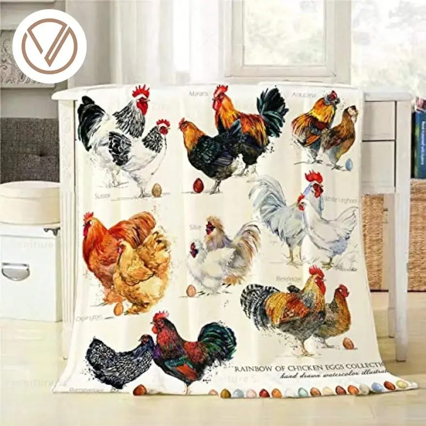 

Chicken Breed Collection Throw Blanket Hand Drawn Watercolor Farm Hen Rooster Decorative Soft Cozy Flannel Plush Throws Blankets