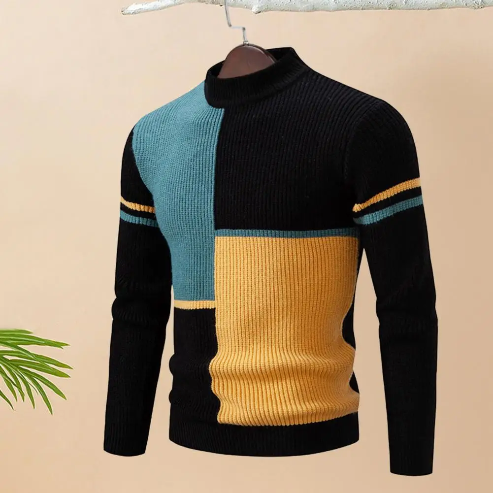 

Half Turtleneck Pullover Sweater Colorblock Knitted Men's Sweater with Half-high Collar Slim Fit Warmth for Fall Winter