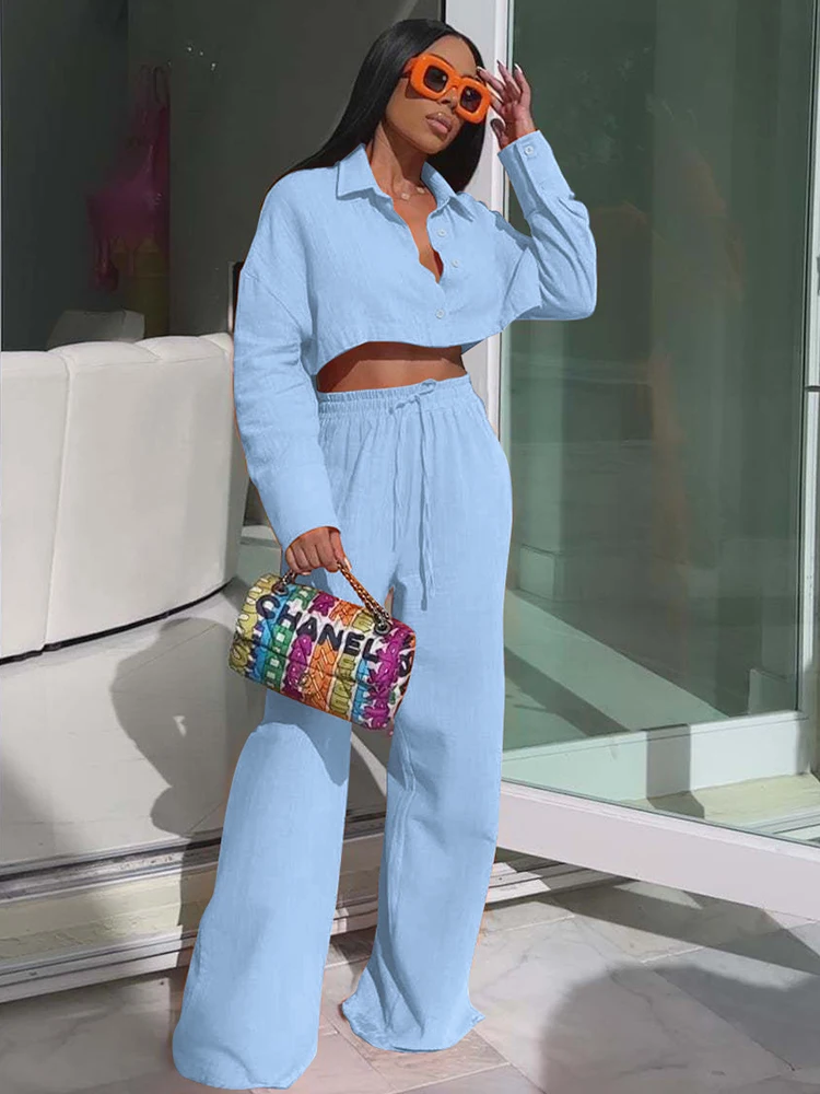 Solid Color Loose Lounge Set For Ladies Daily Turn Down Collar Cropped Shirt + Drawstring Waist Long Pants Outfits Matching Sets
Solid Color Loose Lounge Set For Ladies Daily Turn Down Collar Cropped Shirt + Drawstring Waist Long Pants Outfits Matching Sets