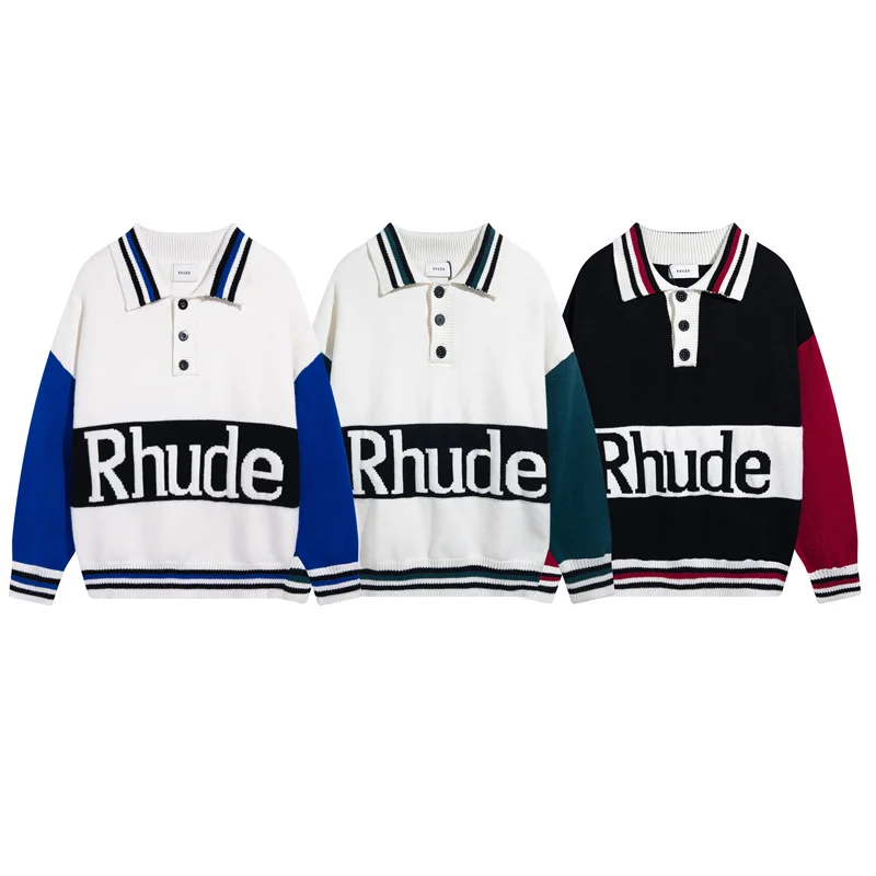 

Rhude Knit Sweater 1:1 High Quality Colour Blocking Button Jacquard Oversized Logo Mens Womens Woolen Sweater With Label