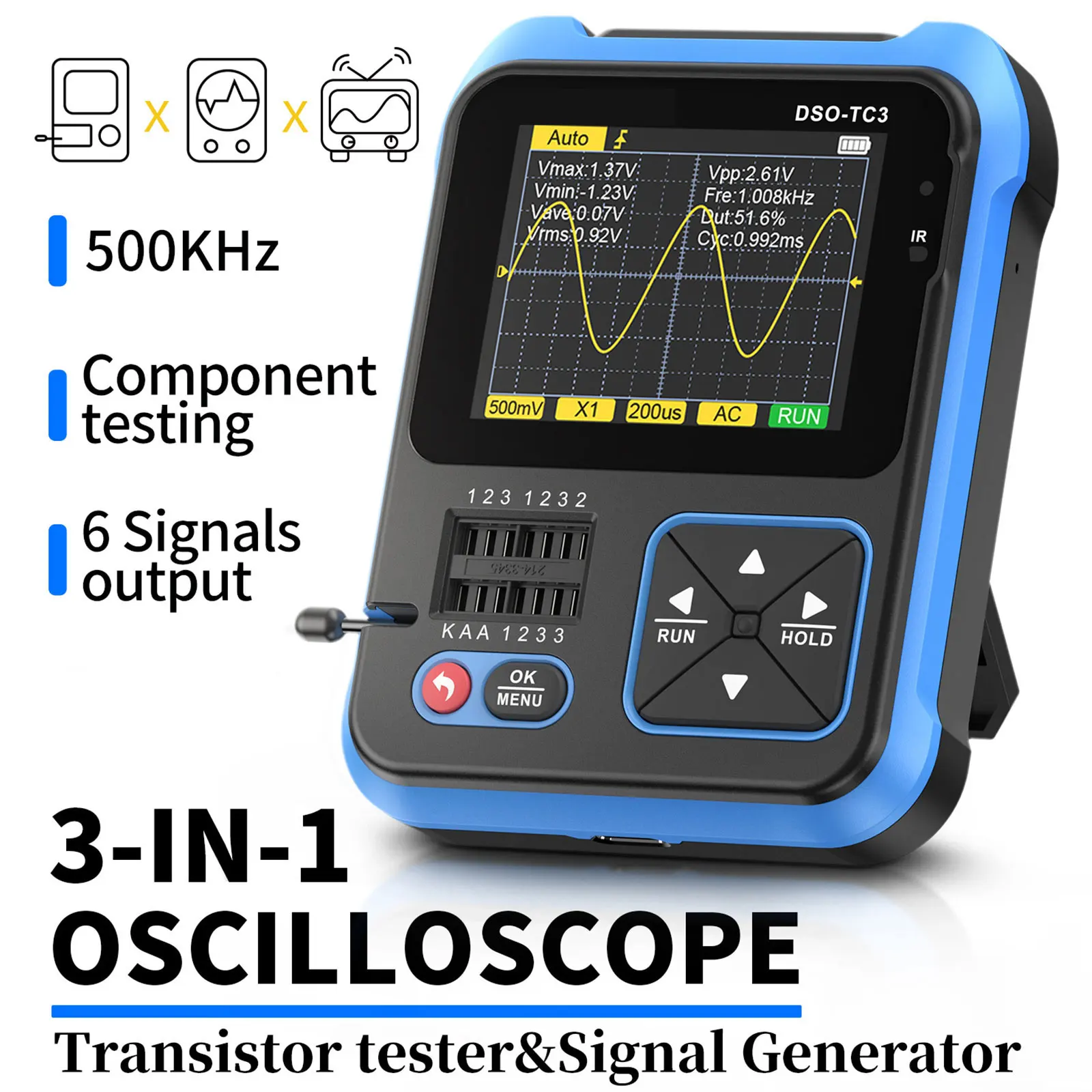 DSO-TC3 Digital Oscilloscope Transistor Tester Function Signal Generator 3 In 1 Multifunction Electronic Component Tester
DSO-TC3 Digital Oscilloscope Transistor Tester Function Signal Generator 3 In 1 Multifunction Electronic Component Tester