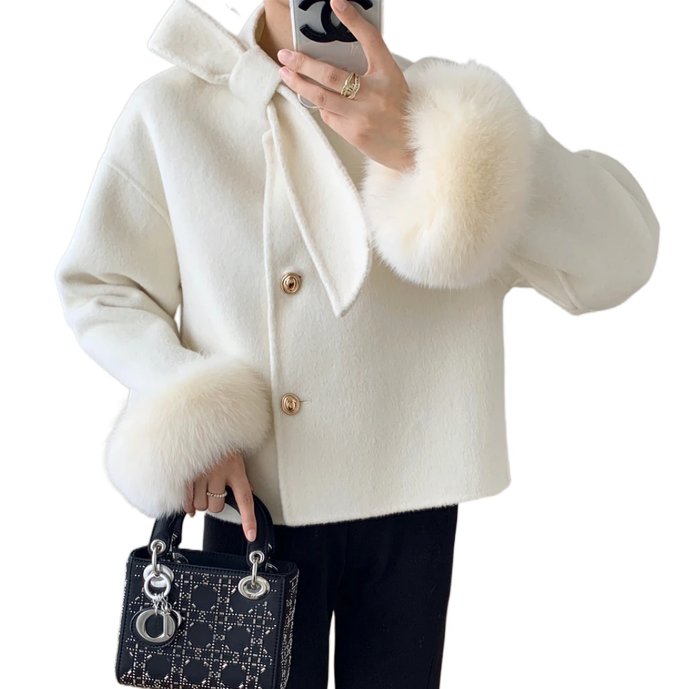 

23 Winter New Bow Short Cuff Fox Fur Fur Double-Faced Woolen Goods Cashmere Wool Overcoat Coat for Women