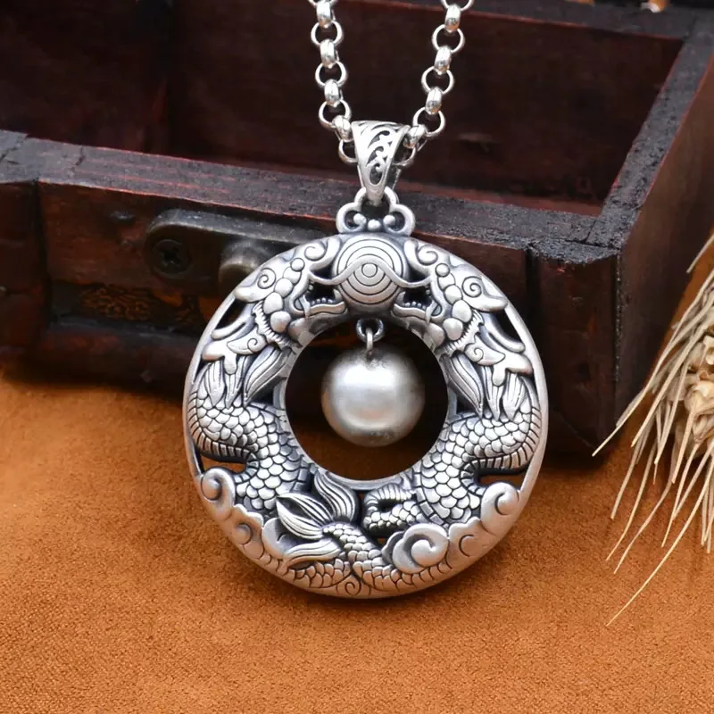 

Vintage Silver Color Double Dragons Playing with Pearls Pendant Necklace Chinese Style Amulet Necklace Dragon Jewelry