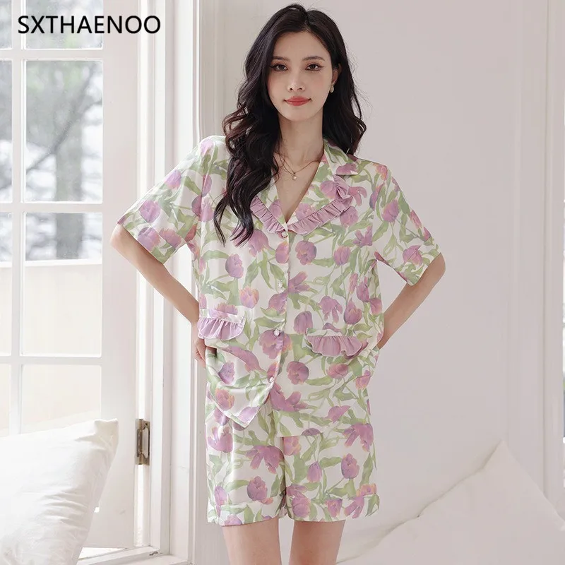 

SXTHAENOO 2023 New Summer Satin Tulip Lapel Pajamas Sleepwear Women Pajamas Set Ice Silk Wear Comfortable Fabric піжама жіноча