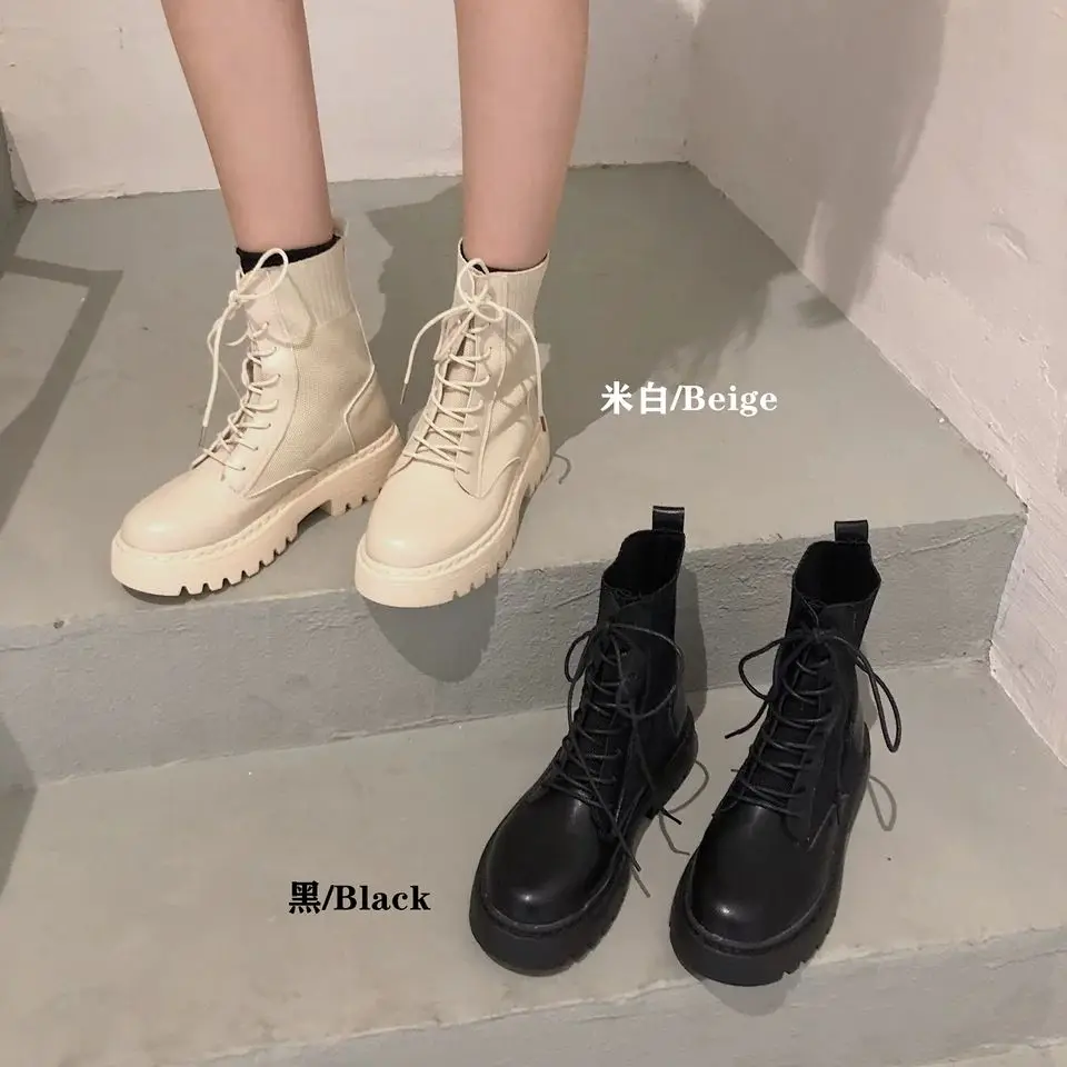 

Martin boots female knitting boots 2023 fall new fashion British style hundred lace-up thick bottom splicing short boots