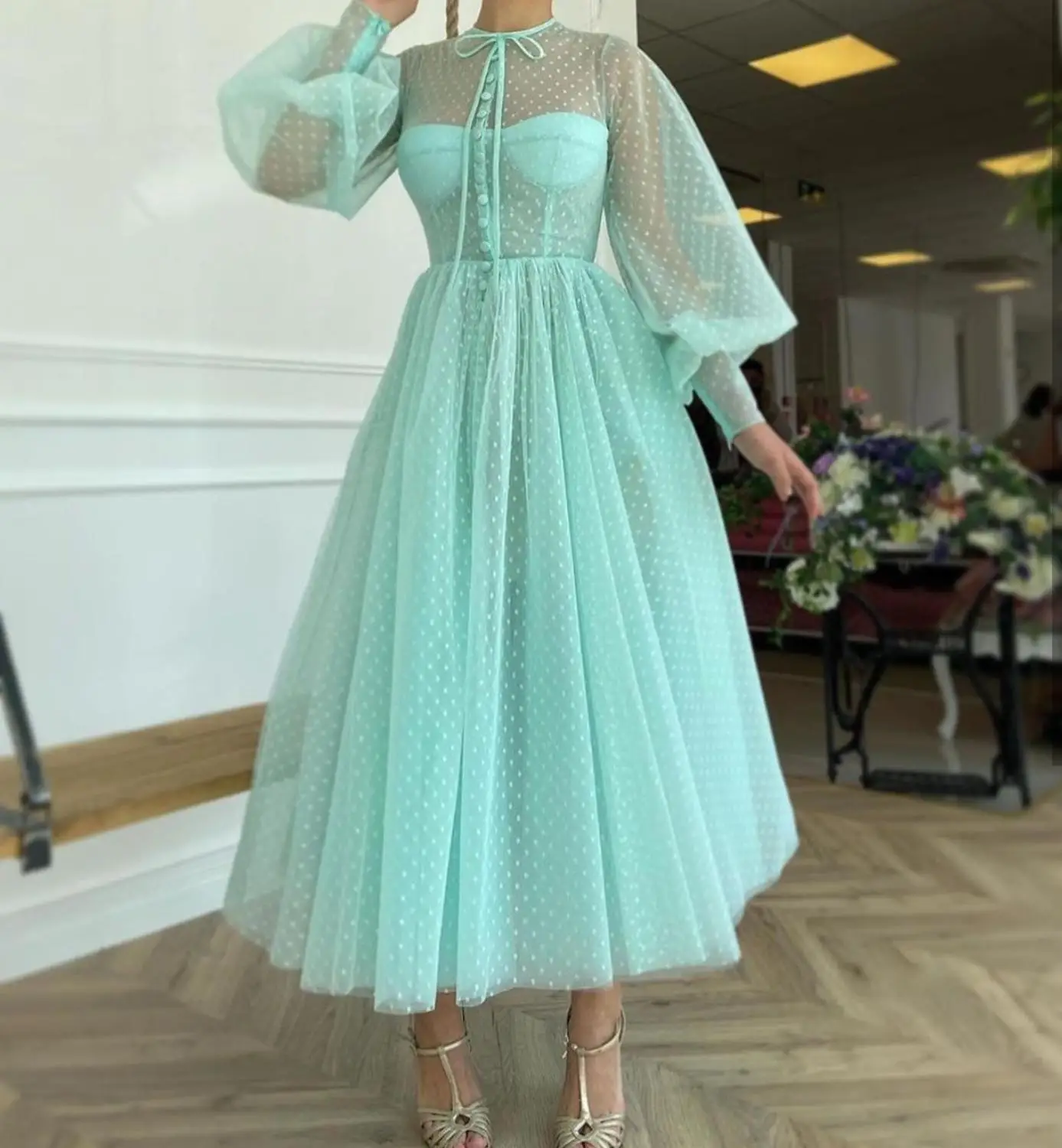 

Short Party Gowns Mint Green Long Lantern Sleeve Ankle Length Point Net Women Formal Dresses High Fashion Gorgeous