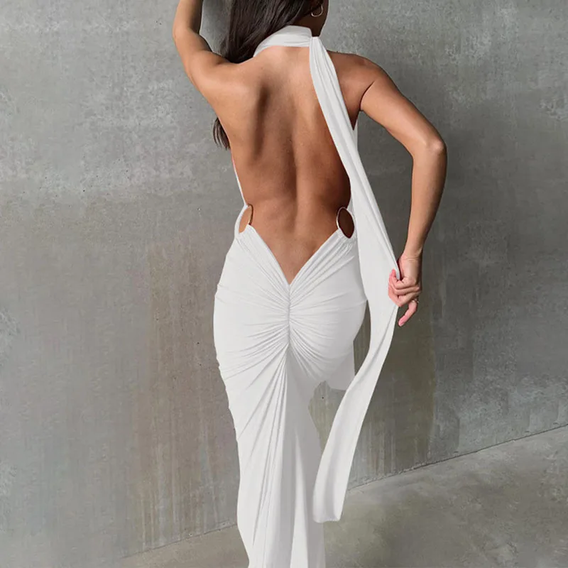 

BKLD однотонное сексуальное длинное женское платье без бретелек с открытыми плечами на бретельках с вырезами и открытой спиной облегающее платье со складками элегантное платье с запахом