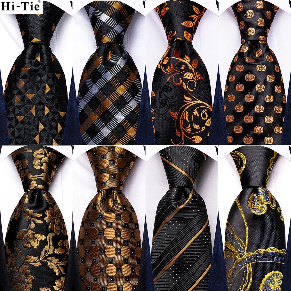 

Hi-Tie Black Gold Striped Floral Silk Wedding Tie For Men Handky Cufflink Mens Necktie Fashion Design Business Party Dropship