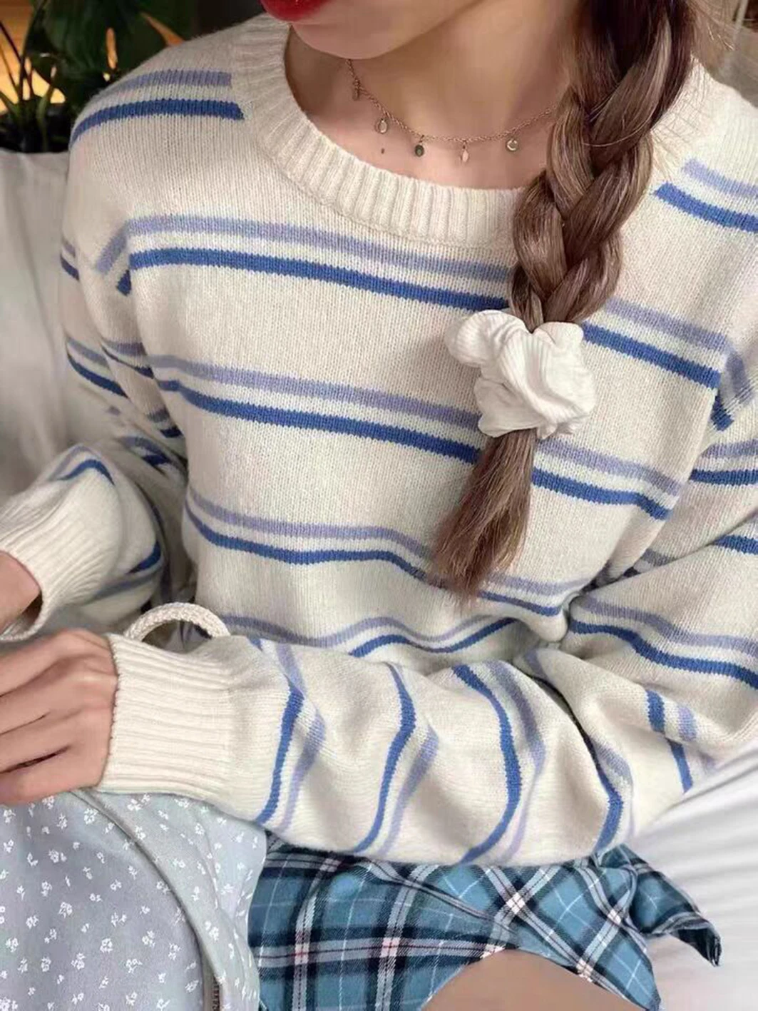 

Blue Stripes Sweet Knitted Sweater Autumn Round Neck Long Sleeve Casual Cute Pullover Top For Woman Harajuku Preppy Style Jumper