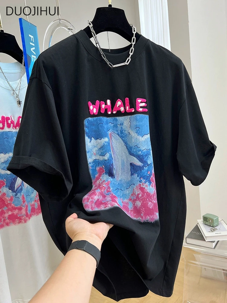 

DUOJIHUI Summer Contrast Color Chic Printing Loose Women T-shirts New Classic O-neck Simple Casual Fashion S-3XL Female T-shirts