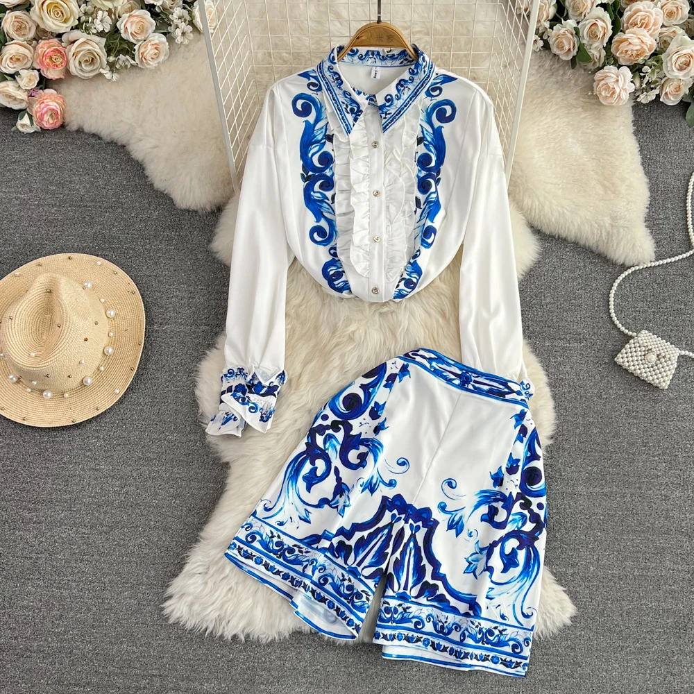 Spring Runway Blue and White Porcelain Print Shorts Suit Women Turn-down Collar White Shirt and Pocket Shorts 2 Piece Set M6777
Spring Runway Blue and White Porcelain Print Shorts Suit Women Turn-down Collar White Shirt and Pocket Shorts 2 Piece Set M6777