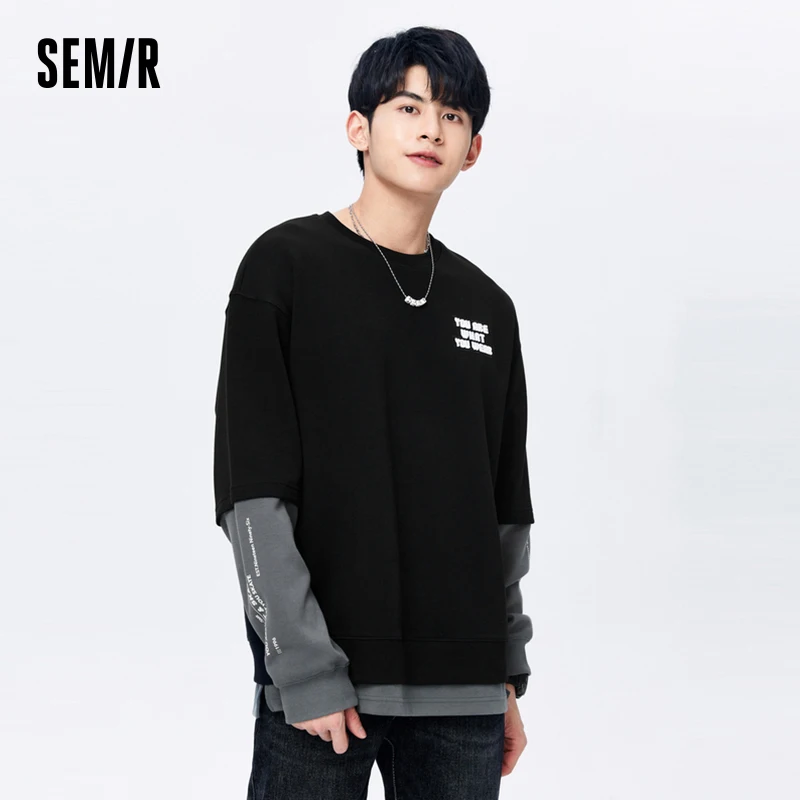 

Semir Men Sweatshirt Autumn New Color Contrast Splicing Fake Two Pieces Daily Commuting Embroidery Loose Round Neck Top Sweater