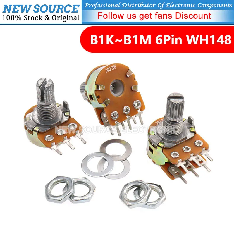 

30pcs WH148 B1K B2K B5K B10K B20K B50K B100K B500K 6Pin Shaft Amplifier Dual Stereo Potentiometer 1K 2K 5K 10K 50K 100K 500K