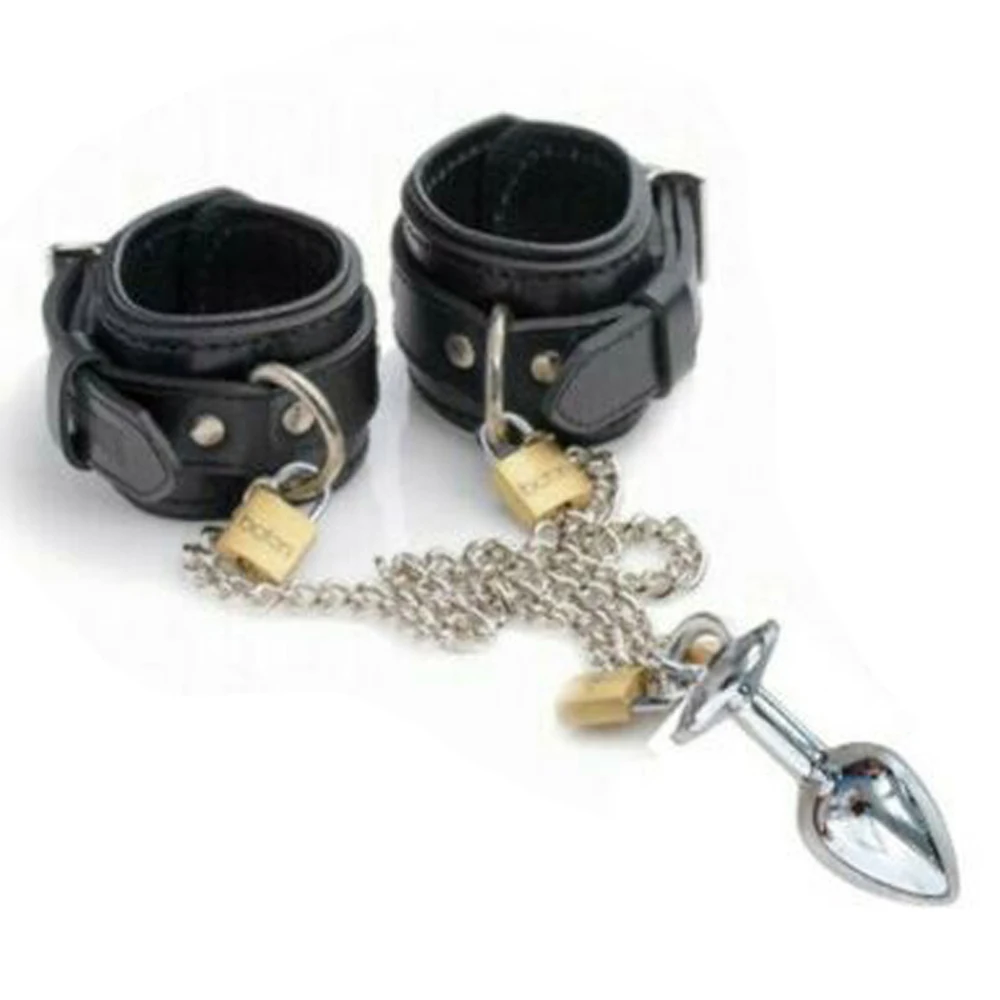 Wrist Handcuffs Anal Butt Insert Plug With Metal Chain BDSM Bondage