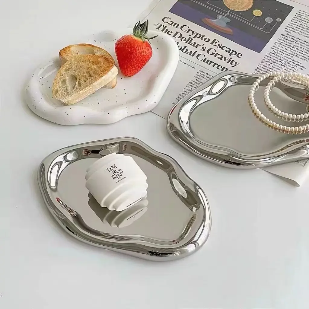 

Shooting Tray Household Plate Ceramic Snack Nordic Props Irregular Silver Shop Dish Display Storage Decorative