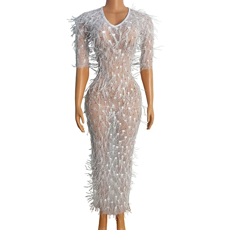 Sexy White Feather Rhinestones Transparent Sexy Dress Birthday Bling Shining Outfit Dancer Performance Costume
Sexy White Feather Rhinestones Transparent Sexy Dress Birthday Bling Shining Outfit Dancer Performance Costume