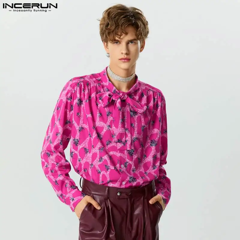 

Handsome Well Fitting Tops INCERUN New Men's Rose Red Printed Ribbon Shirts Casual Party Show Hot Sale Long Sleeved Blouse S-5XL