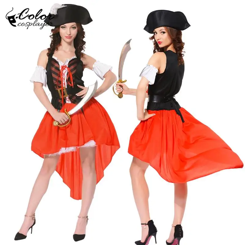 

Цветной косплейер, красный пиратский комплект платья для женщин, женский костюм, ретро Карнавальная Одежда для взрослых, одежда для Хэллоуина, искусственное платье