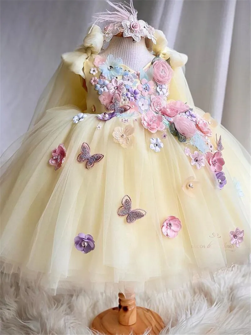 

Yellow Flower Girl Dress Princess Tutu Outfit Cupcake 3D Flowers Girl Birthday Dresses Christmas Infant Dress Kid's Short Gown