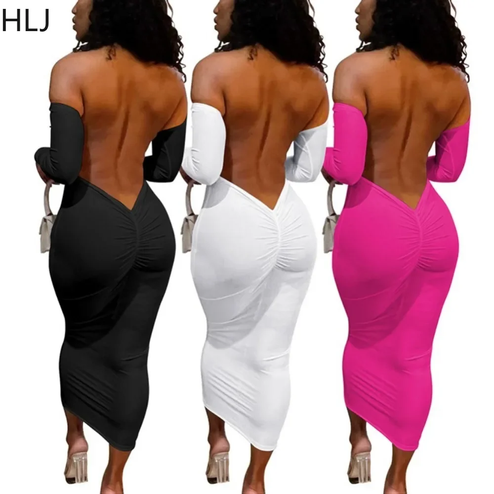 

HLJ Sexy Off Shoulder Solid Bodycon Party Nightclub Dresses Women Long Sleeve Backless Ruched Vestidos Fashion Slim Clothes 2023