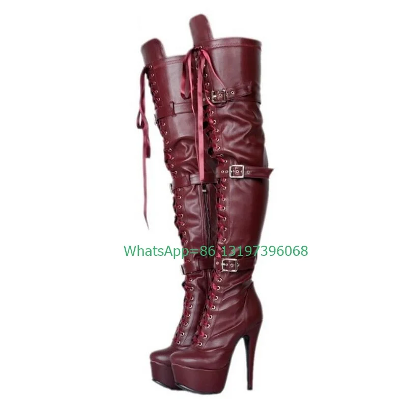 

Женские винтажные ботинки на платформе, бордовые ботинки из искусственной кожи на шпильке, со шнуровкой, ремешком с пряжкой, обувь в стиле панк для сцены, размер 46
