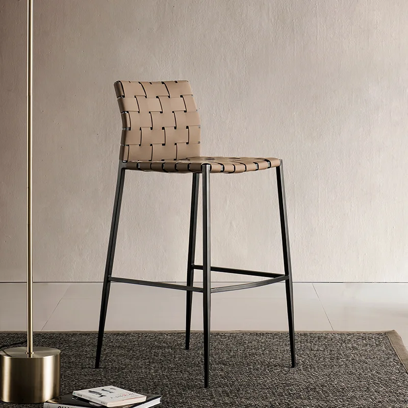 

LCL141 light luxury bar chair saddle leather modern simple high chair home island stainless steel Italian high stool bar stool
