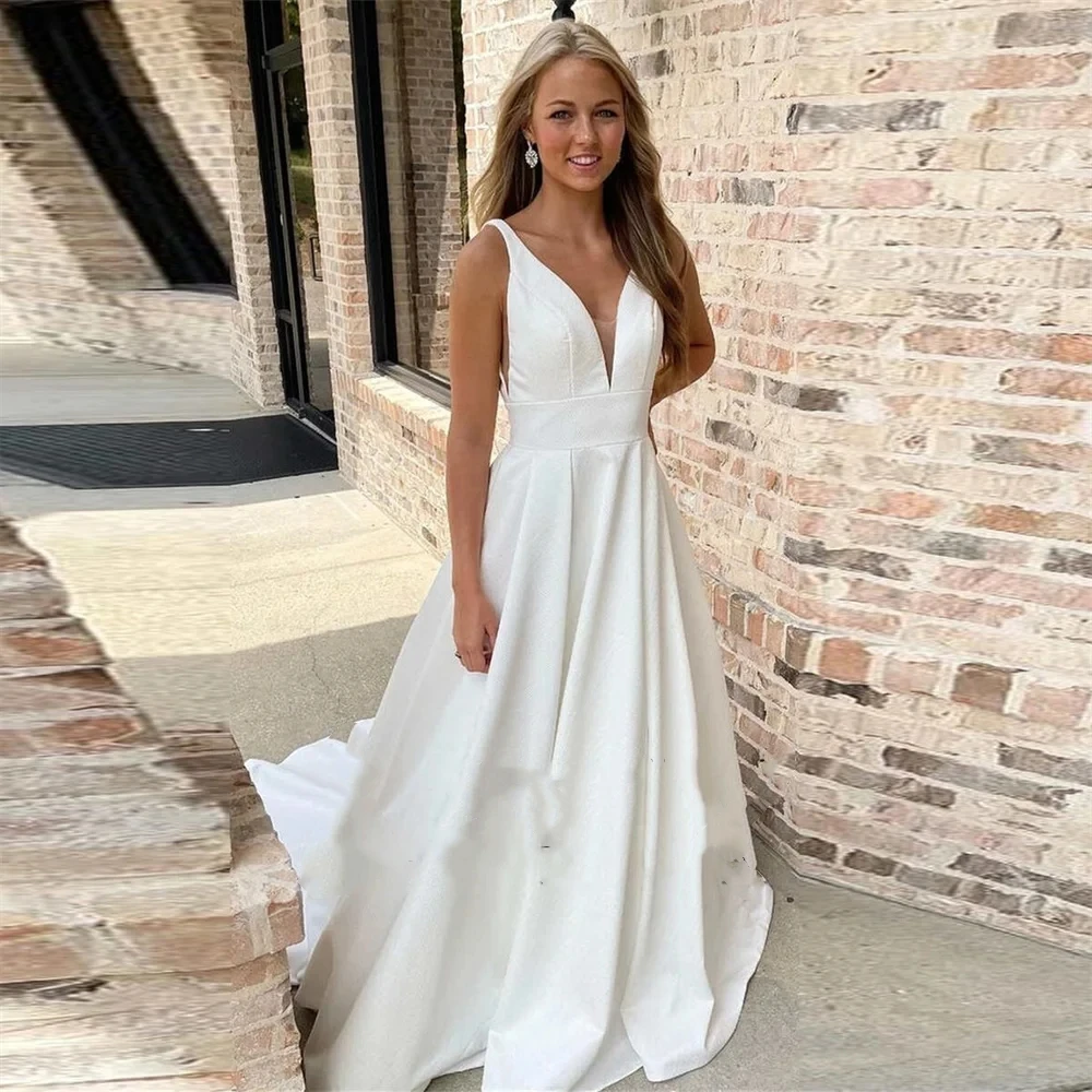 

Deep V-Neck Sleeveless Simple Mermaid Wedding Dress Crepe Open Back High Side Slit Floor Length Elegant Women Customize To Meas