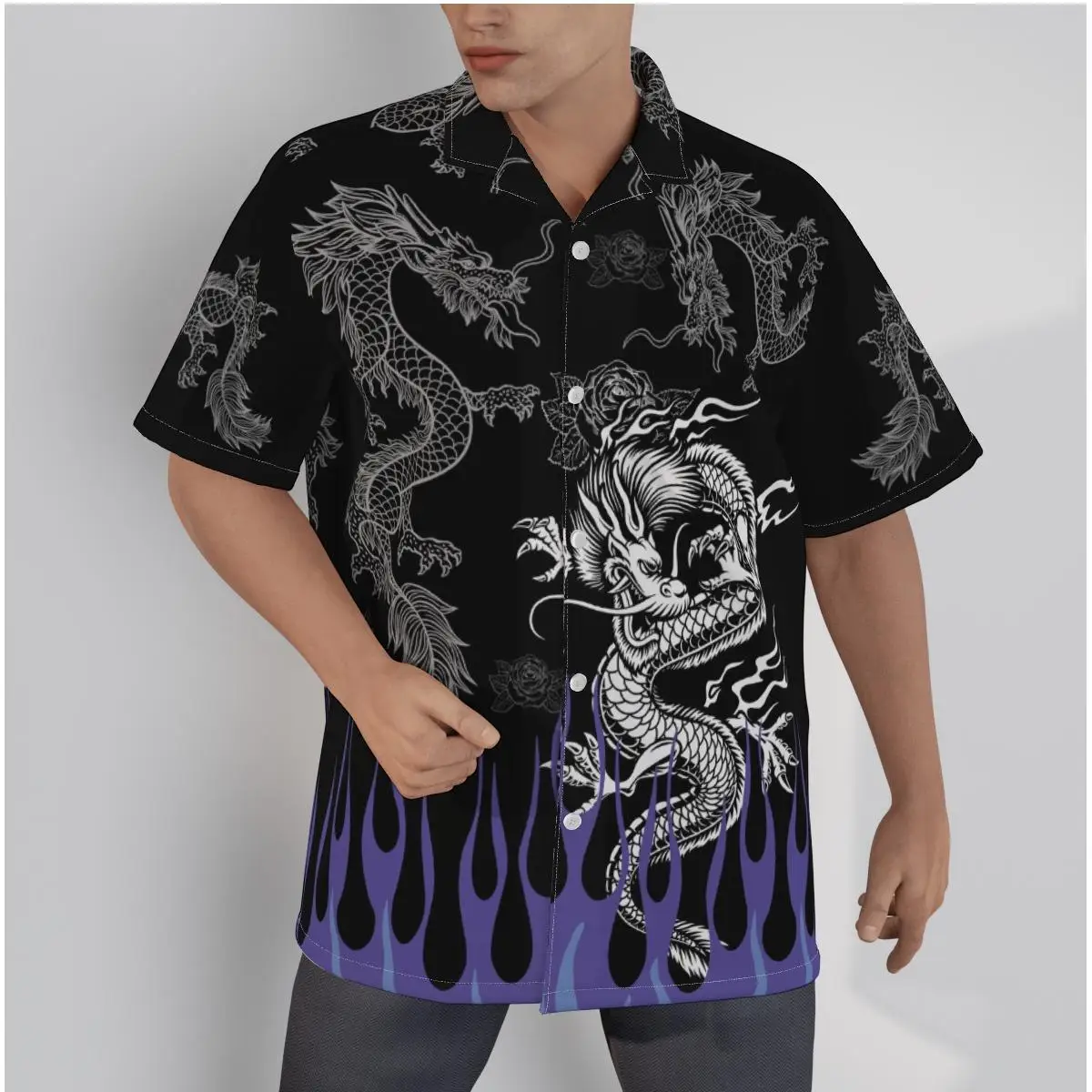 

Men's Casual Black hirt Cool Dragon Print Character Beach Short Sleeve Summer Streetwear Button Up Patchwork Tops 3D Shirts
