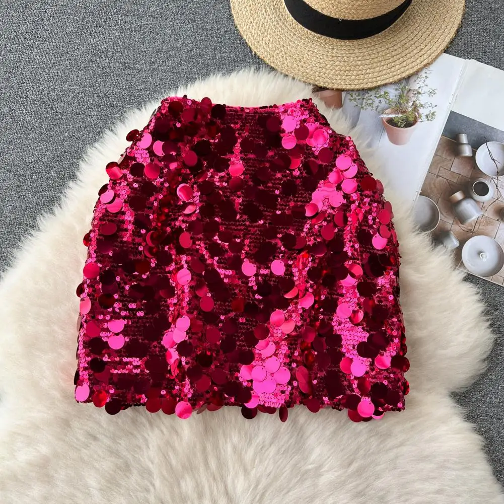 

Sexy Sequin Skirt Sequin High Waist Club Skirt Slim Fit A-line Stretchy Mini Skirt for Women Solid Color Sheath Above Knee