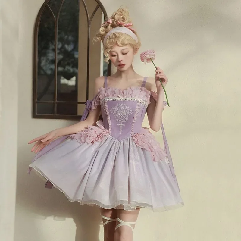 

Original Elegant Purple Embroidered Mesh Ballet Dress Women Sweet Princess Tea Party Short Jsk Dress Victoria Lolita Dresses