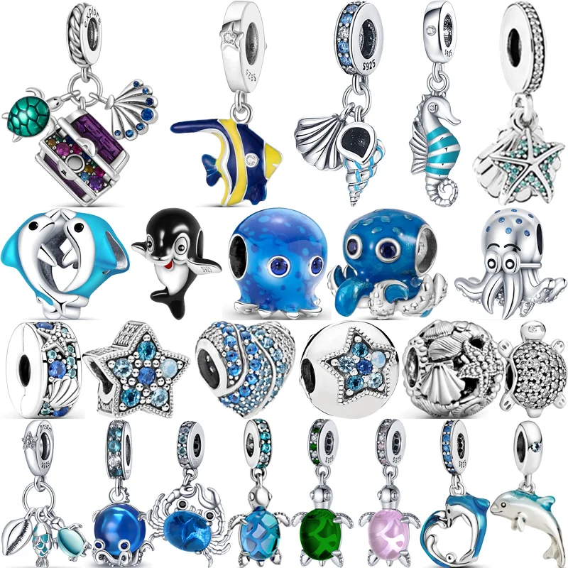 

925 Silver Blue Sea Turtle Dolphin Crab Octopus Starfish Shell Fish Glass Beads Fit Original Pandora Charms Bracelet DIY Jewelry