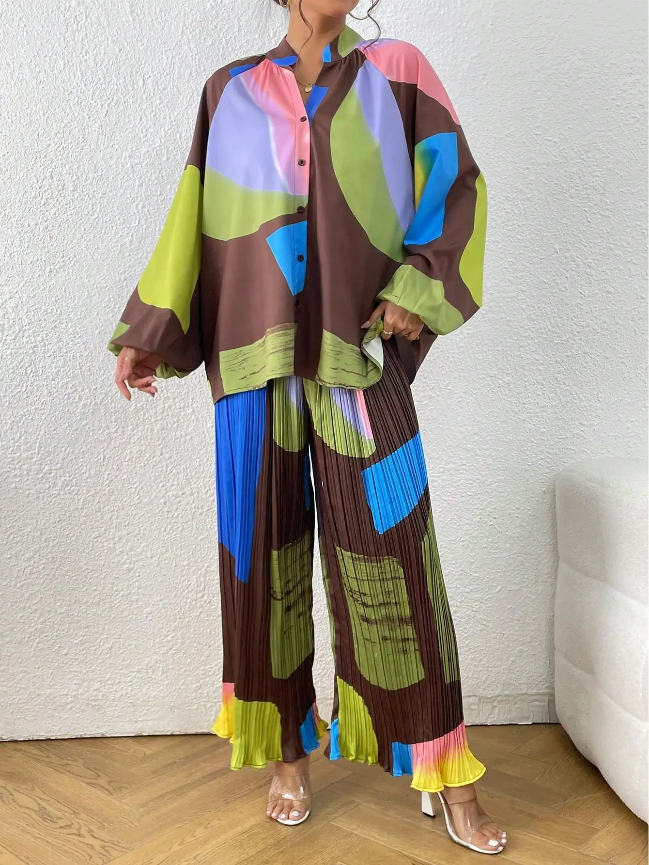 

Geo Colorblock Print Pants Set Women Two Piece Set Batwing Sleeve Tops Pleated High Waist Pants