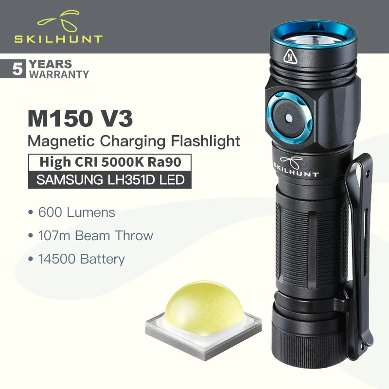 

SKILHUNT M150 V3 (High CRI Version, 5000K, Ra90) Compact EDC Flashlight, SAMSUNG LH351D LED 600 Lumens, with 14500 Battery