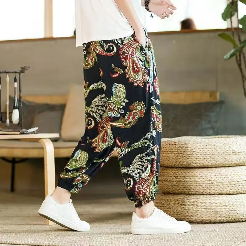 

2024 Men Harem Pants Print Retro Drop Crotch Joggers Cotton Trousers Men Baggy Loose Nepal Style Men Casual Pants S-5XL