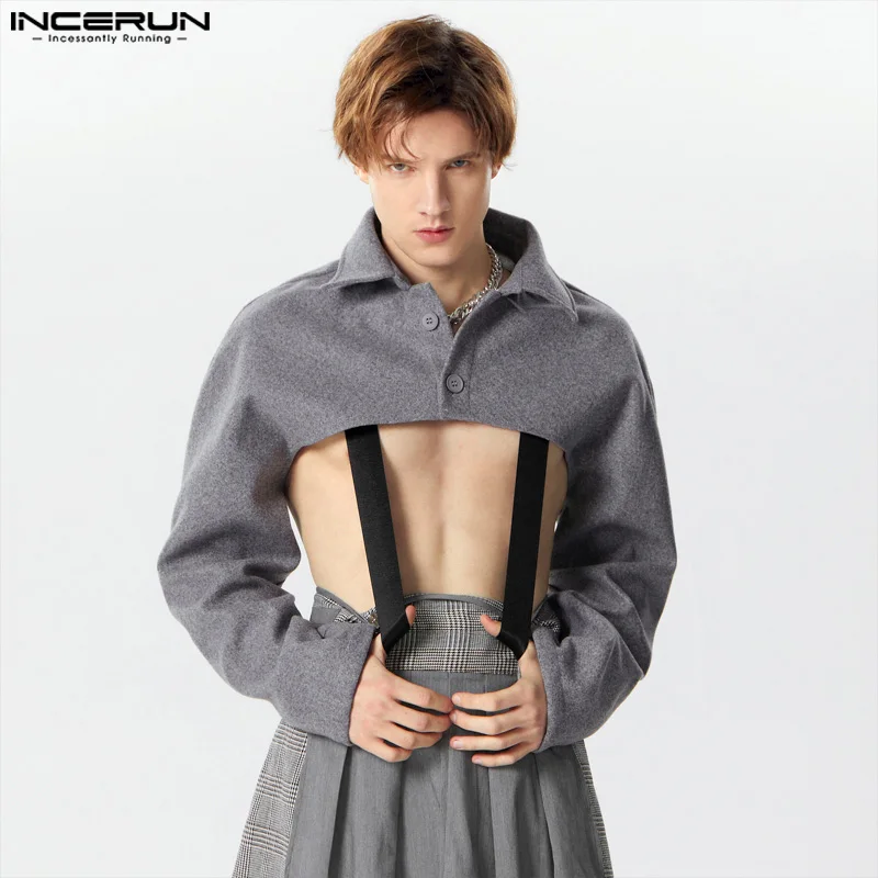 

INCERUN Tops 2024 Handsome Men Cropped Silhouette Design Jackets Coats Casual Streetwear Solid Simple Long Sleeved Jackets S-3XL