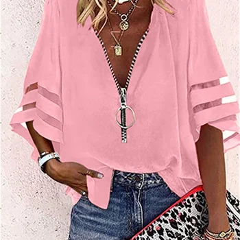 Deslumbre com Elegância: Top Decote V Sem Costas com Babados e Laço de Cetim 9 Sexy Lace Patchwork Flared Sleeve Mesh Solid Shirt Blouse 2022 Summer Women Zipper V-Neck Loose Casual Tops T-Shirt Streetwear