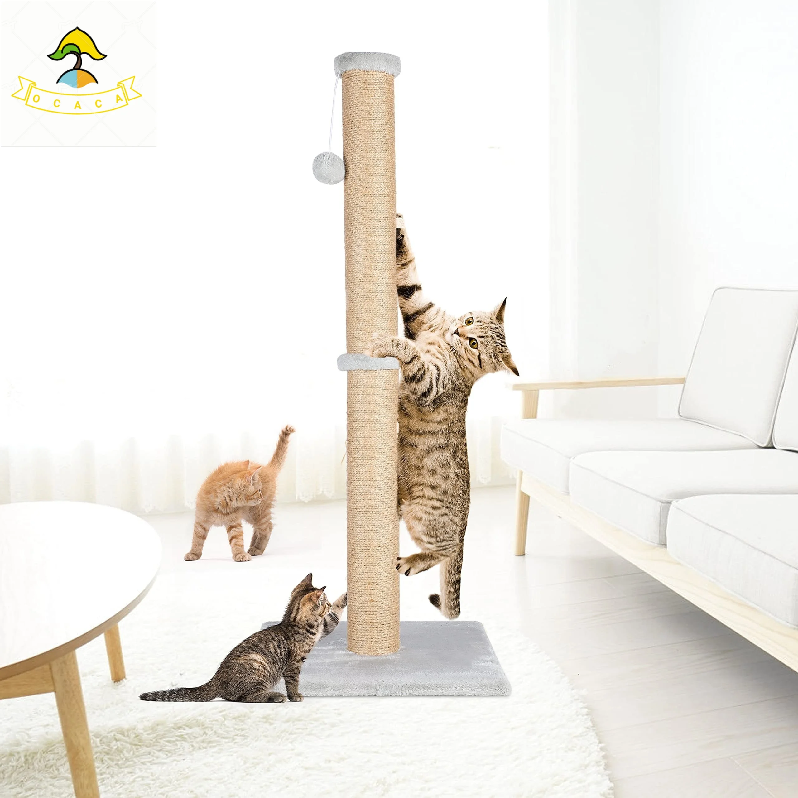 

37'' Cat Scratching Post, Natural Sisal Rope Scratcher With Dangling Teaser Ball And Covered With Soft Plush For Kittens And Adu