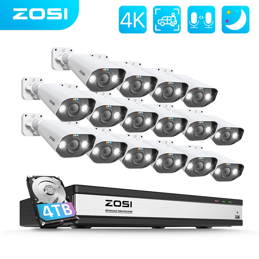 

ZOSI 16CH 4K 8MP 5MP POE Security Surveillance Camera System AI Person Vehicle Detection 2 Way Audio IP Cam CCTV Video NVR Kit