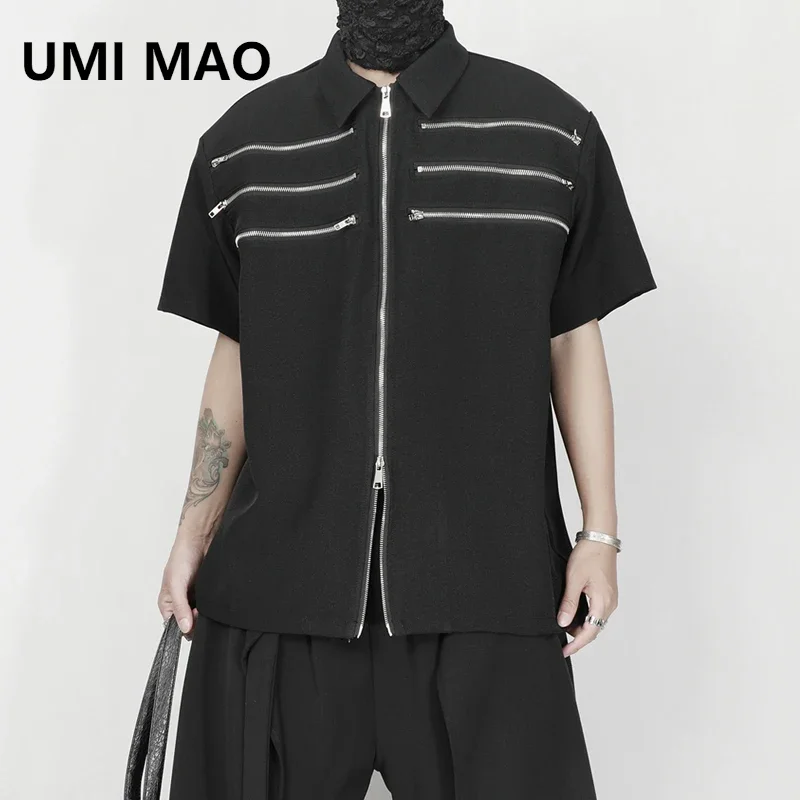 

UMI MAO Summer Top Men's Black Top Trendy Trend Design Multiple Zipper Decoration Loose Fitting Short Sleeved Shirt