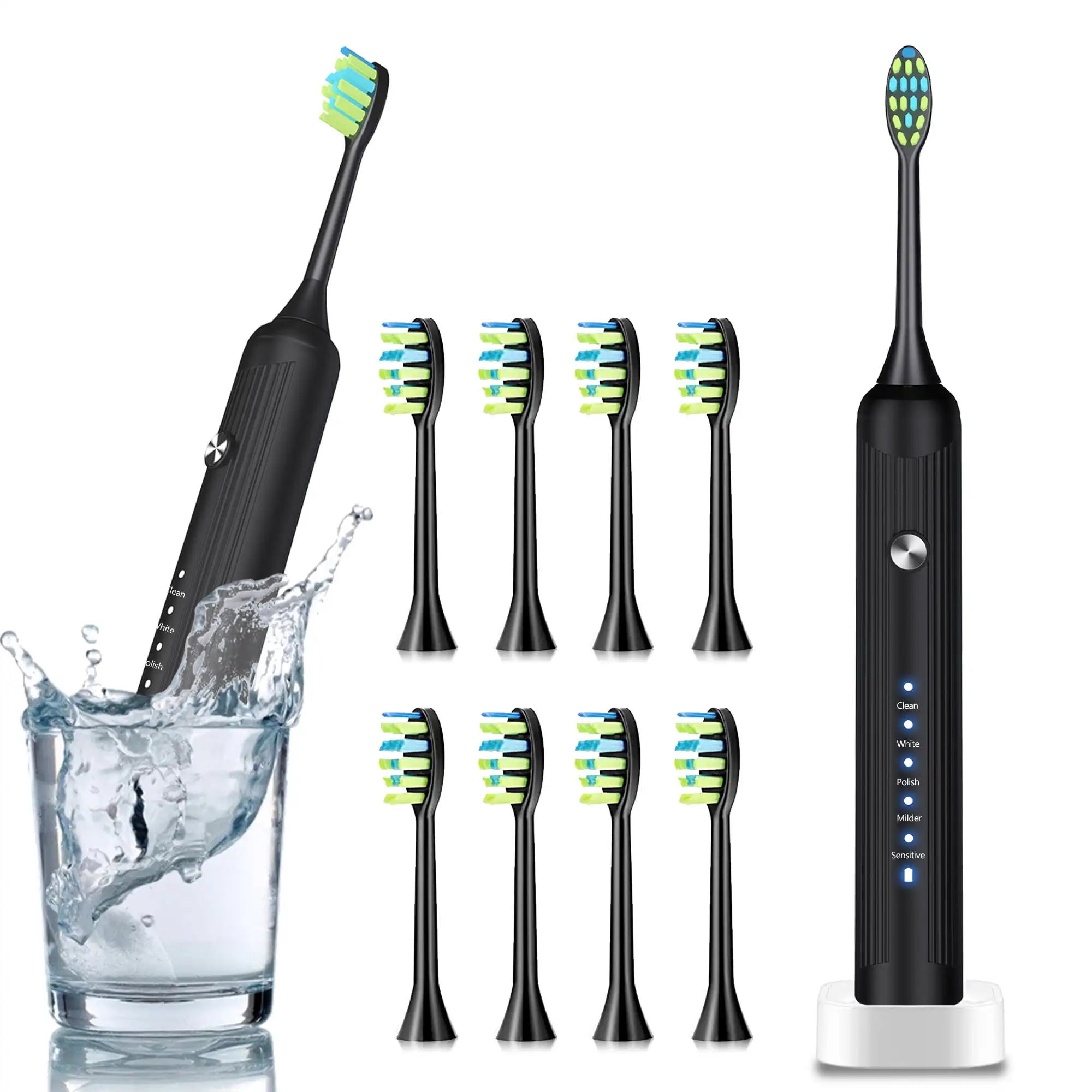 

Электрическая зубная щетка для взрослых и детей с 6 мягкими головками, 5 режимов, черная перезаряжаемая электрическая звуковая зубная щетка