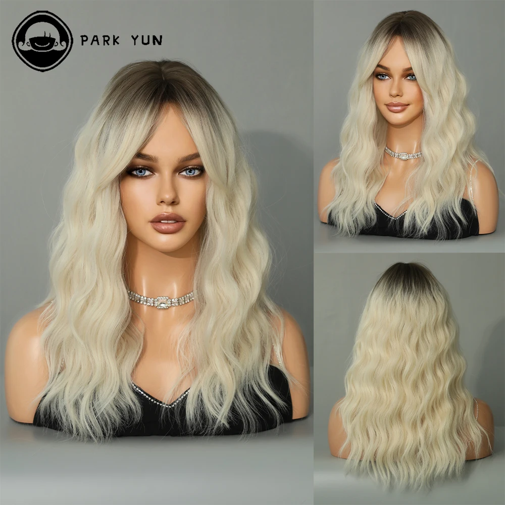 

Ombre Light Blonde Long Wavy Wigs with Bangs Synthetic Wig for Women Natural Hair Cosplay Party Daily Use Heat Resistant